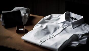 Businessman sleek suit, folded neatly on office table generated by AI photo