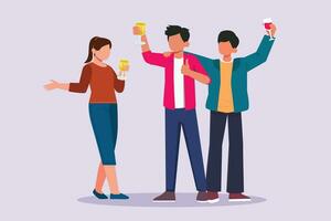 Happy people clinking glasses and drinking at celebratory party. Friends concept. Colored flat vector illustration isolated.