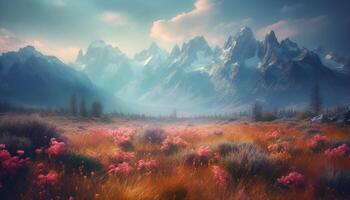 Tranquil meadow blossoms with wildflowers under majestic mountain peak generated by AI photo