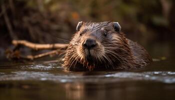 Wet beaver swimming in tranquil pond water generated by AI photo