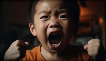 Furious boy shouting with mouth open in close up portrait generated by AI photo