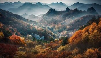 tranquilo otoño prado, montaña pico en ver generado por ai foto