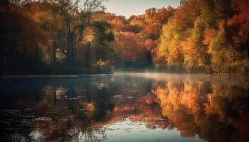 Vibrant autumn colors reflect on tranquil wilderness pond, nature beauty generated by AI photo