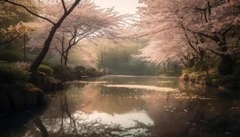 Tranquil scene of pink cherry blossom reflection generated by AI photo