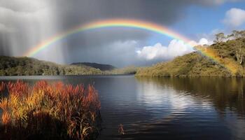 Vibrant rainbow reflects beauty in tranquil pond generated by AI photo
