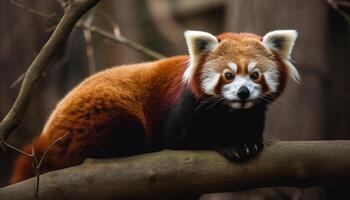 Fluffy red panda sitting on tree branch generated by AI photo