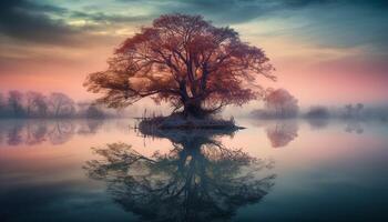 Tranquil autumn sunset, rural scene with foggy pond reflection generated by AI photo