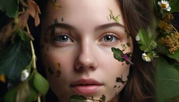 Young woman smiling, surrounded by autumn leaves generated by AI photo