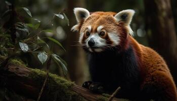 rojo panda sentado en rama, mirando linda generado por ai foto