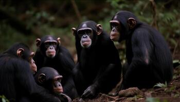 Young primate eating in the tropical rainforest, looking at camera generated by AI photo