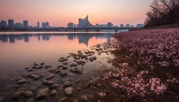 Purple dusk reflects on modern city skyline generated by AI photo