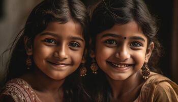 Smiling Indian siblings exude happiness and confidence in headshot portrait generated by AI photo