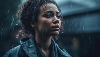 Young woman looking sad in the rain, feeling loneliness indoors generated by AI photo