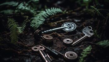 Rusty wrench on wooden table amidst green forest backdrop generated by AI photo