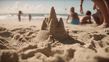 jugando en el arena, edificio un castillo de arena, disfrutando vacaciones juntos generado por ai foto