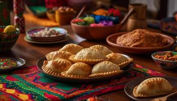 Homemade baked pastry item on rustic wood tray, multi colored decoration generated by AI photo