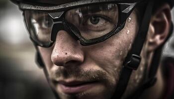 uno adulto masculino atleta sonriente, vistiendo protector gafas al aire libre generado por ai foto