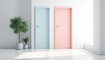 Modern apartment entrance with bright blue doorway and wooden flooring generated by AI photo