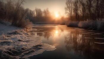 tranquilo escena de invierno bosque, puesta de sol reflexión en congelado estanque generado por ai foto