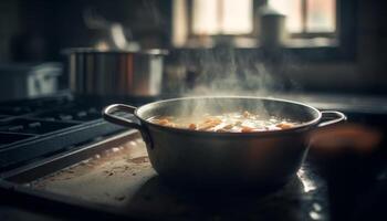 Fresh meal cooking on stove top in domestic kitchen close up generated by AI photo