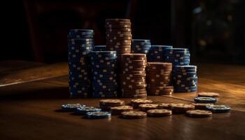 Stacked gambling chips on table, luck and strategy make money generated by AI photo