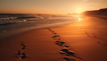 Silhouette walking on sand dune at sunset, tranquil scene generated by AI photo