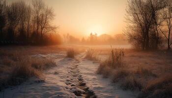 Silhouette of frozen tree in tranquil winter landscape at dawn generated by AI photo