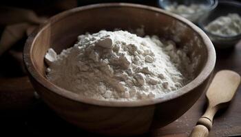 Homemade bread preparation using organic ingredients in rustic kitchen generated by AI photo