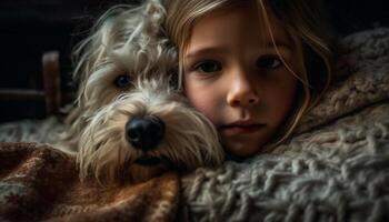 Caucasian child embraces cute terrier puppy in indoor studio shot generated by AI photo
