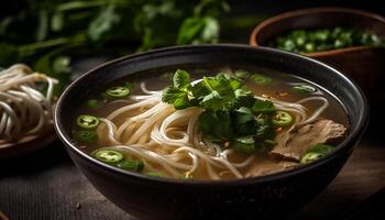Healthy homemade noodle soup with pork, vegetables, and cilantro generated by AI photo