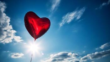 Love symbol flying in bright blue sky, celebrating romance outdoors generated by AI photo