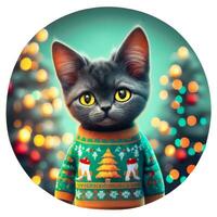 black kitten on the background of christmas trees round graphics photo