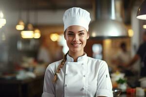 woman chef smiling in front of cuisine photo