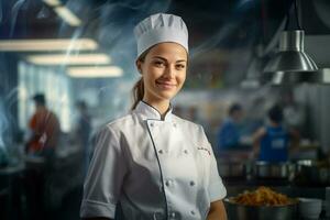 mujer cocinero sonriente en frente de cocina foto