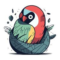 Cute parrot bird sitting on the nest. Vector illustration.