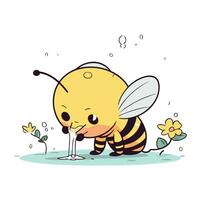 Cute bee with a flower. Vector illustration on white background.