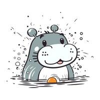 Cute hippopotamus in the water. Hand drawn vector illustration.