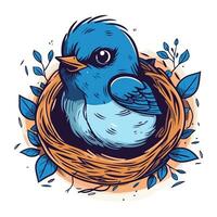 Bird in the nest. Hand drawn vector illustration. Sketch style.