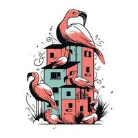 Vector illustration of a parrot in front of an old house.