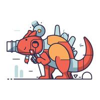 Vector illustration in flat linear style. Cute dinosaur with a camera.