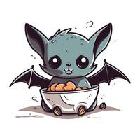 Cute cartoon bat holding a bowl of food. Vector illustration.