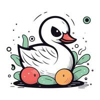 Duck with apples. Vector illustration in doodle style.