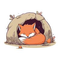 Cute fox in a cave. Vector illustration in cartoon style.
