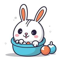 Rabbit in bowl with christmas balls cartoon character vector illustration.