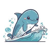 Cute cartoon dolphin jumping out of the water. Vector illustration.