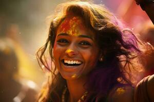 happy indian girl smiling at holy festival indian culture photo