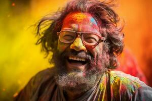 indian guy smiling in holy festival photo