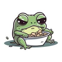 Frog with bowl of food. Vector illustration isolated on white background.