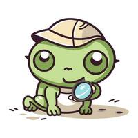 Frog with magnifying glass. Cute cartoon vector illustration.