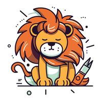 Cute lion with paint brush. Vector illustration in cartoon style.